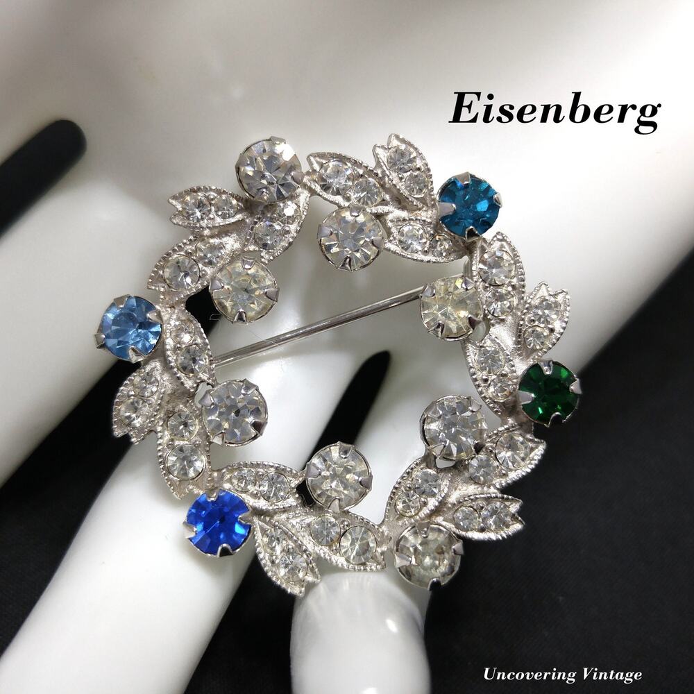 Eisenberg Rhinestone Wreath Brooch, Rhodium Plated, 1950s Vintage Jewelry